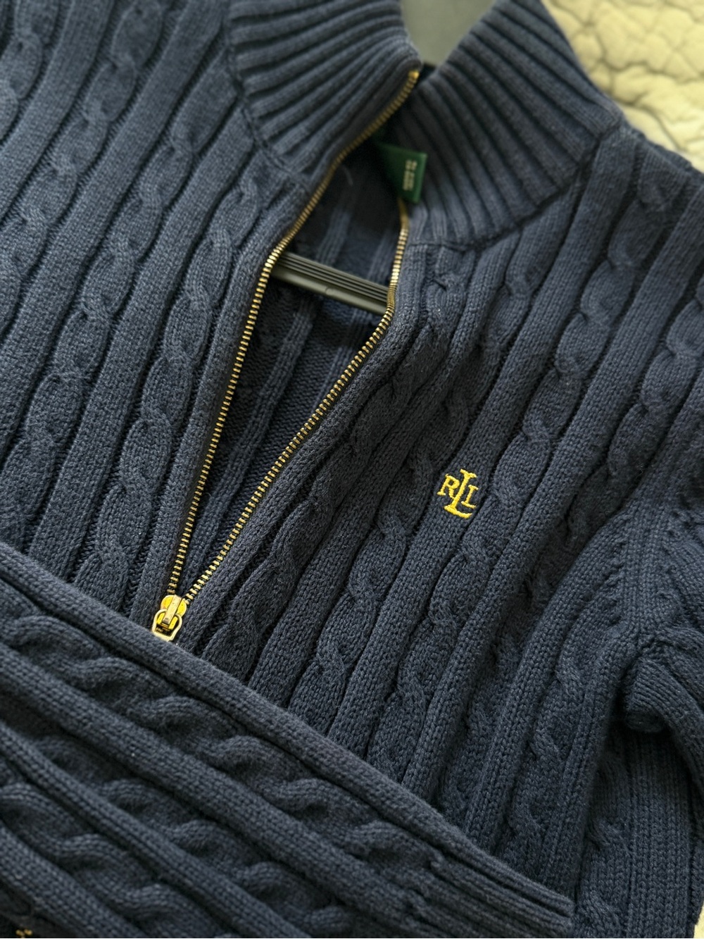 Ralph Lauren Navy Cable-Knit Half-Zip Sweater with Gold Logo